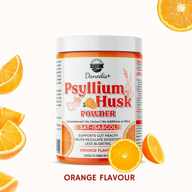 Danodia Foods Organic Psyllium Husk Powder Orange Flavor, 200g (8.8oz) | Sat-Isabgol with 5 Added Herbs | Unsweetened, Gluten-Free, Natural Fiber Supplement for Digestive Health