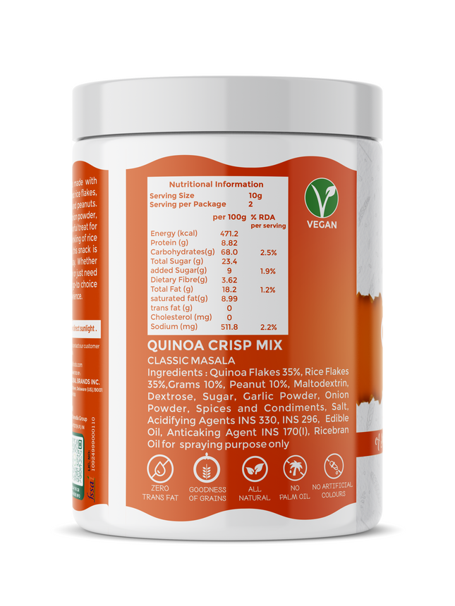 Danodia Foods Organic Quinoa Crisps, Classic Indian Masala, 8.8 oz, Gluten Free, Low Fat Snack