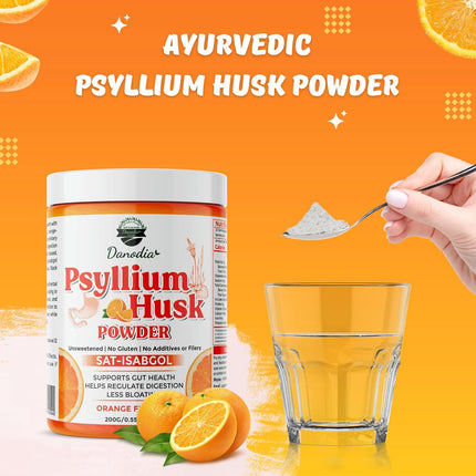 Danodia Foods Organic Psyllium Husk Powder Orange Flavor, 200g (8.8oz) | Sat-Isabgol with 5 Added Herbs | Unsweetened, Gluten-Free, Natural Fiber Supplement for Digestive Health