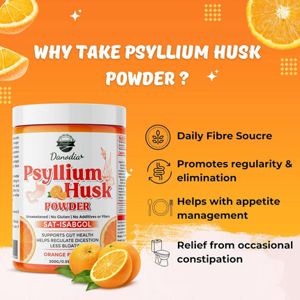 Danodia Foods Organic Psyllium Husk Powder Orange Flavor, 200g (8.8oz) | Sat-Isabgol with 5 Added Herbs | Unsweetened, Gluten-Free, Natural Fiber Supplement for Digestive Health