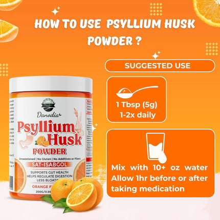 Danodia Foods Organic Psyllium Husk Powder Orange Flavor, 200g (8.8oz) | Sat-Isabgol with 5 Added Herbs | Unsweetened, Gluten-Free, Natural Fiber Supplement for Digestive Health
