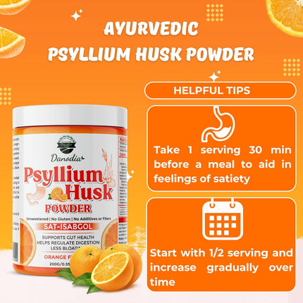 Danodia Foods Organic Psyllium Husk Powder Orange Flavor, 200g (8.8oz) | Sat-Isabgol with 5 Added Herbs | Unsweetened, Gluten-Free, Natural Fiber Supplement for Digestive Health