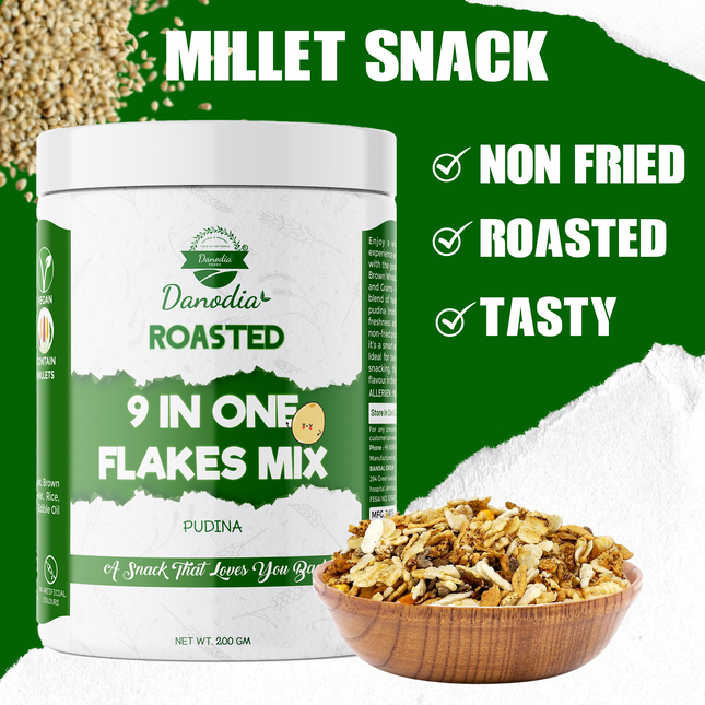 Danodia Foods Roasted 9 in One Flakes Mix - Pudina Flavour (200g / 7.05 oz) | Healthy Snack | Low Fat | Gluten Free Indian Snack