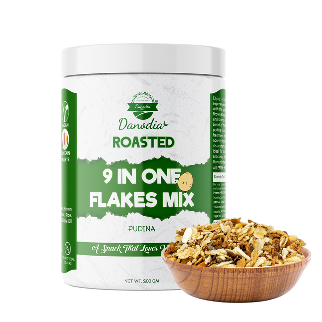 Danodia Foods Roasted 9 in One Flakes Mix - Pudina Flavour (200g / 7.05 oz) | Healthy Snack | Low Fat | Gluten Free Indian Snack