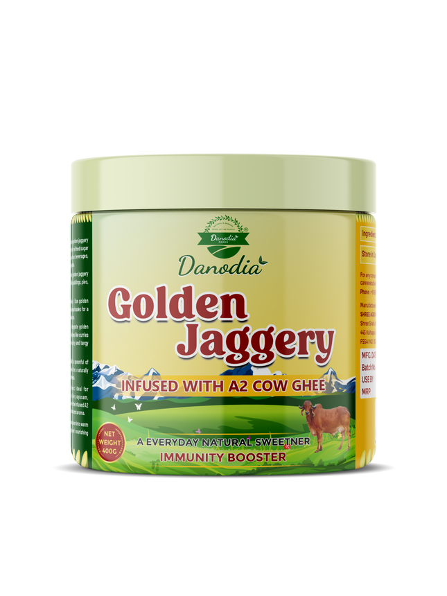 Danodia Foods Golden Jaggery Infused with A2 Cow Ghee – 400g | Made with Sugarcane Juice & Pure A2 Cow Ghee